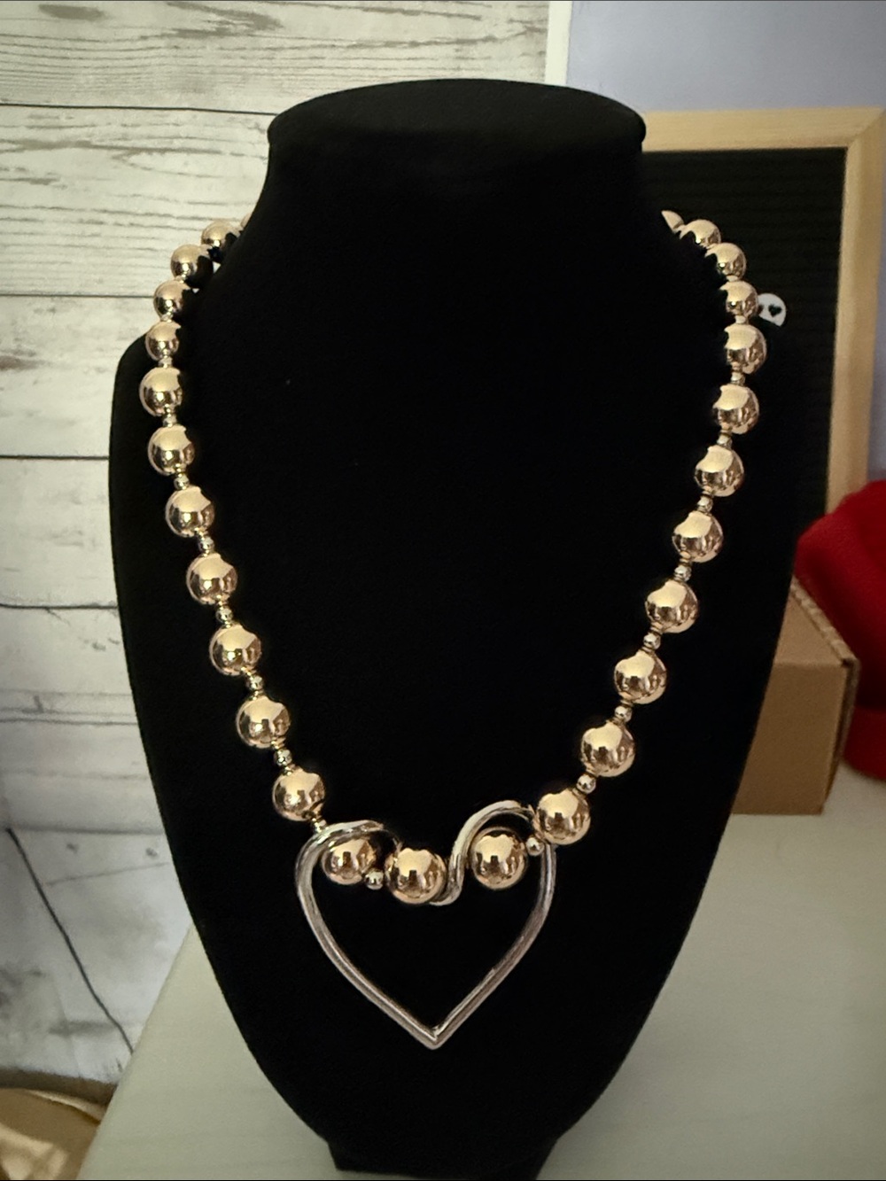 Gold Bead Necklace with Open Heart Pendant - Women's Jewelry